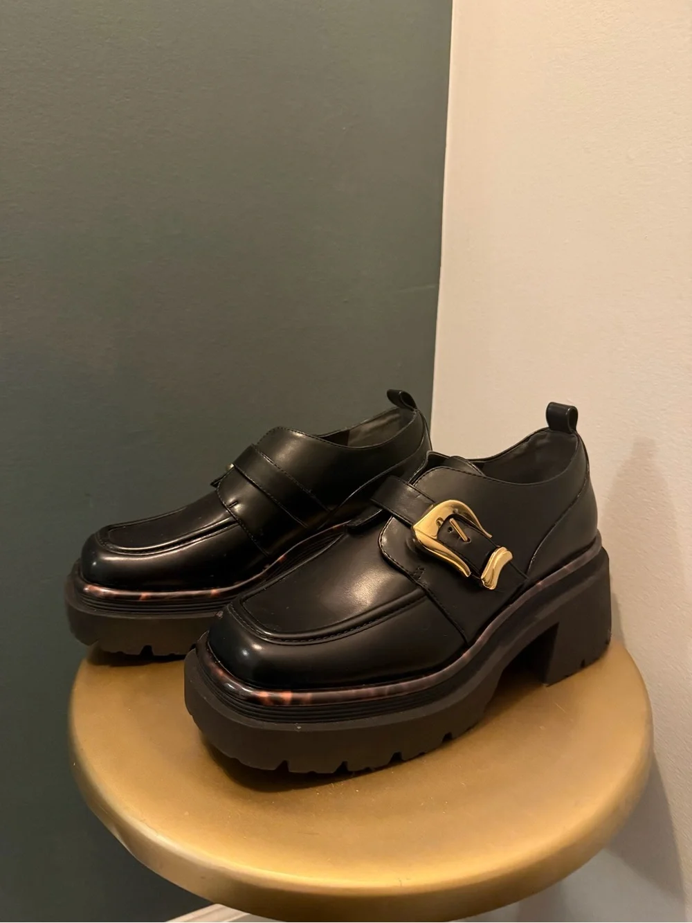 Black Chunky Loafer with Gold Buckle - Women's Shoes - Picture 1 of 6